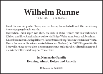 Traueranzeige von Wilhelm Runne von Neue Deister-Zeitung