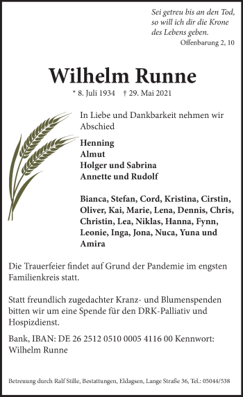 Traueranzeige von Wilhelm Runne von Neue Deister-Zeitung