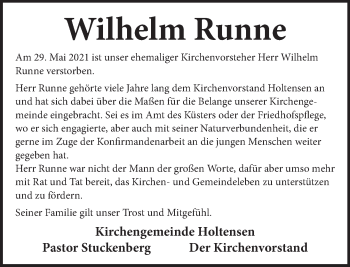 Traueranzeige von Wilhelm Runne von Neue Deister-Zeitung