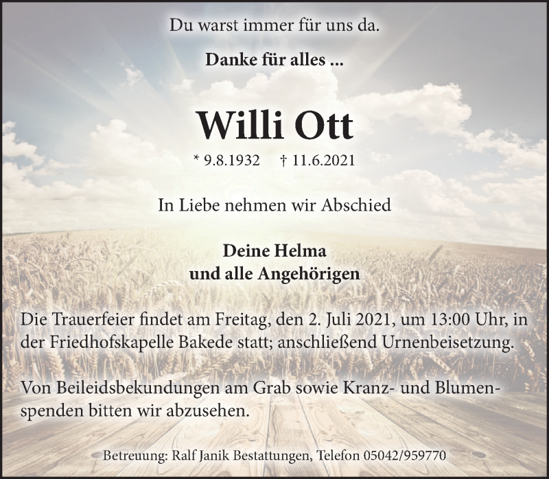  Traueranzeige für Willi Ott vom 26.06.2021 aus Neue Deister-Zeitung
