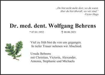 Traueranzeige von Wolfgang Behrens von Deister- und Weserzeitung