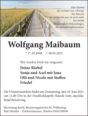 Traueranzeige von Wolfgang Maibaum von Neue Deister-Zeitung