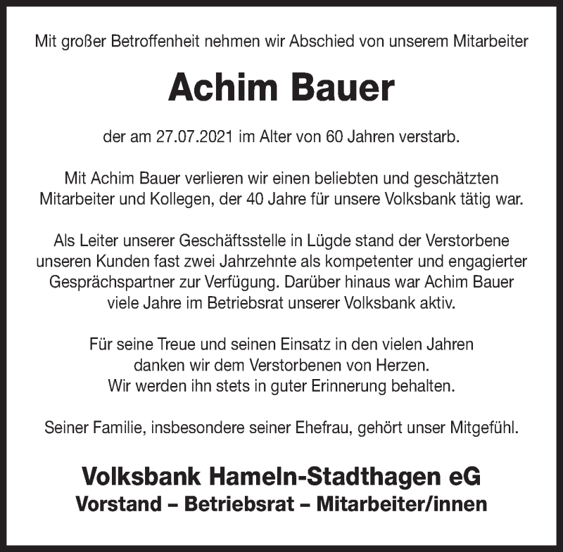  Traueranzeige für Achim Bauer vom 31.07.2021 aus Deister- und Weserzeitung