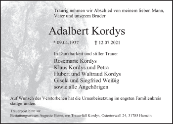 Traueranzeige von Adalbert Kordys von Deister- und Weserzeitung
