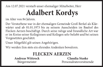 Traueranzeige von Adalbert Kordys von Deister- und Weserzeitung