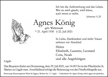 Traueranzeige von Agnes König von Deister- und Weserzeitung