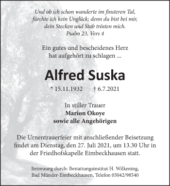 Traueranzeige von Alfred Suska von Neue Deister-Zeitung