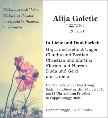 Traueranzeige von Alija Goletic von Deister- und Weserzeitung