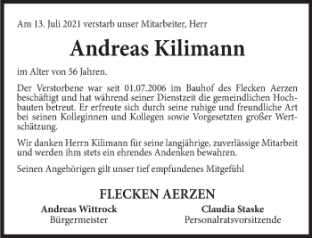 Traueranzeige von Andreas Kilimann von Deister- und Weserzeitung