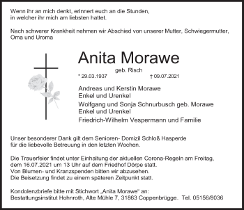 Traueranzeige von Anita Morawe von Deister- und Weserzeitung
