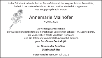 Traueranzeige von Annemarie Maihöfer von Deister- und Weserzeitung