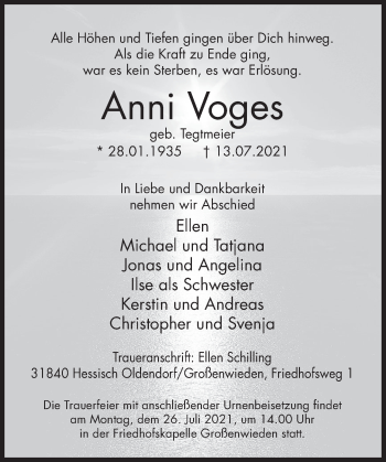 Traueranzeige von Anni Voges von Deister- und Weserzeitung