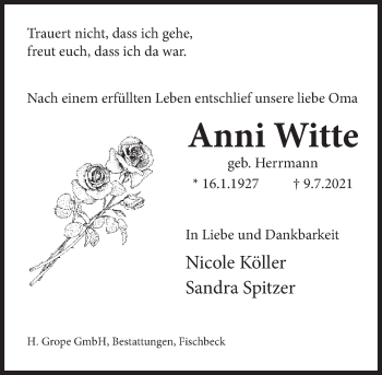 Traueranzeige von Anni Witte von Deister- und Weserzeitung