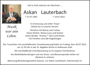Traueranzeige von Askan Lauterbach von Deister- und Weserzeitung