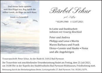 Traueranzeige von Bärbel Schur von Deister- und Weserzeitung