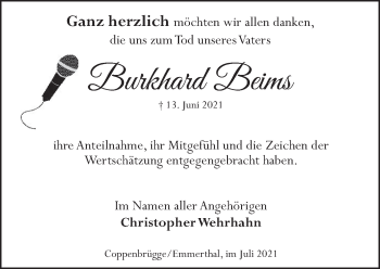 Traueranzeige von Burkhard Beims von Deister- und Weserzeitung