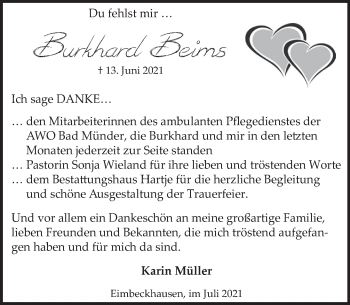 Traueranzeige von Burkhard Beims von Neue Deister-Zeitung