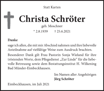 Traueranzeige von Christa Schröter von Neue Deister-Zeitung