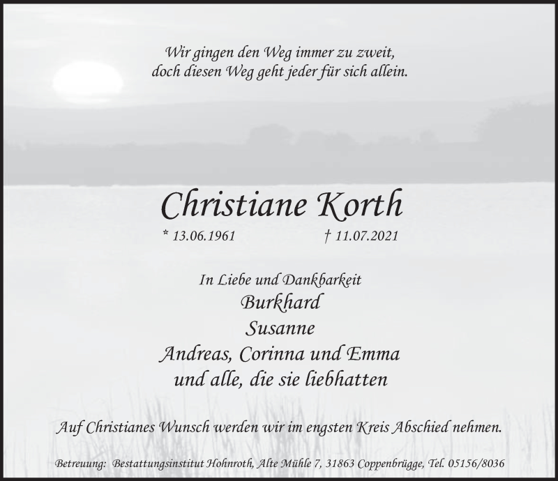  Traueranzeige für Christiane Korth vom 17.07.2021 aus Deister- und Weserzeitung