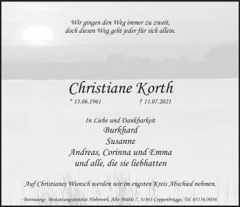 Traueranzeige von Christiane Korth von Deister- und Weserzeitung