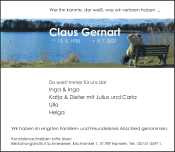 Traueranzeige von Claus Gernart von Deister- und Weserzeitung