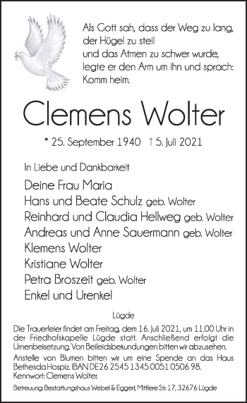 Traueranzeige von Clemens Wolter von Deister- und Weserzeitung