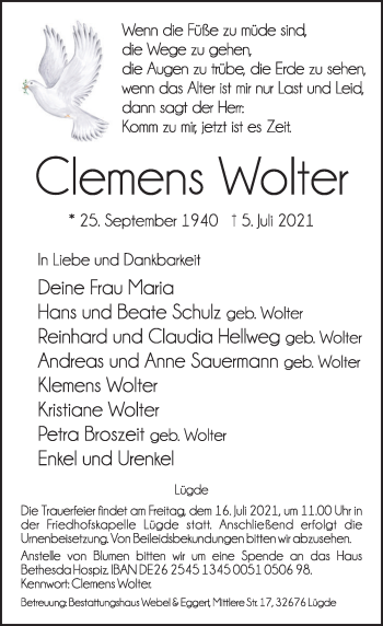 Traueranzeige von Clemens Wolter von Deister- und Weserzeitung