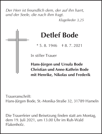Traueranzeige von Detlef Bode von Deister- und Weserzeitung
