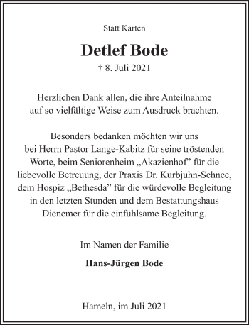 Traueranzeige von Detlef Bode von Deister- und Weserzeitung