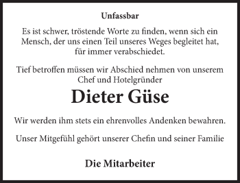 Traueranzeige von Dieter Güse von Deister- und Weserzeitung