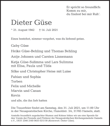 Traueranzeige von Dieter Güse von Deister- und Weserzeitung