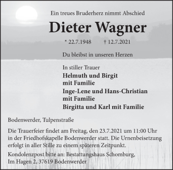 Traueranzeige von Dieter Wagner von Deister- und Weserzeitung