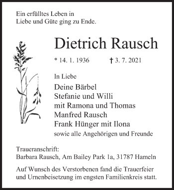 Traueranzeige von Dietrich Rausch von Deister- und Weserzeitung