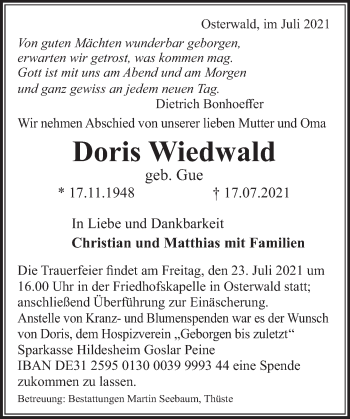 Traueranzeige von Doris Wiedwald von Deister- und Weserzeitung