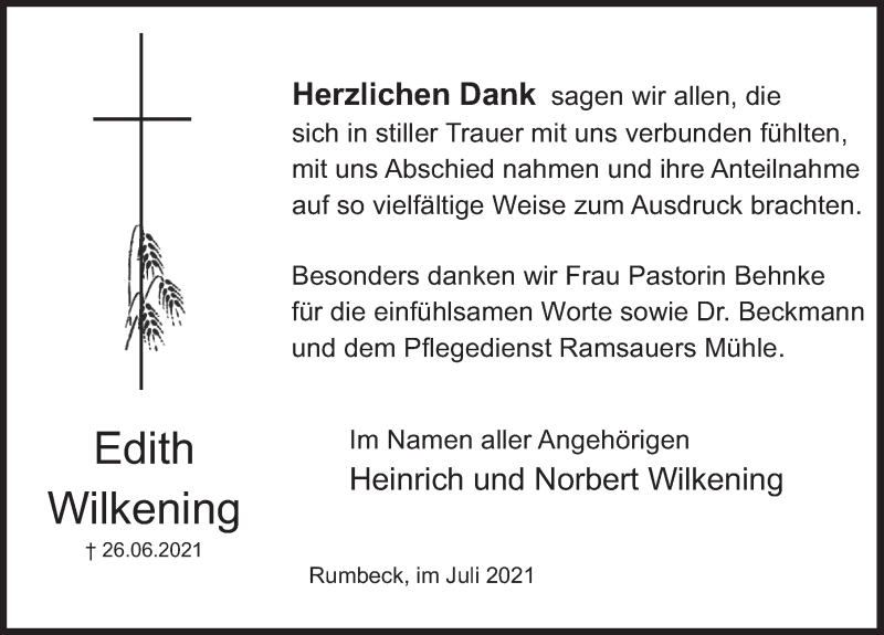 Traueranzeige für Edith Wilkening vom 31.07.2021 aus Deister- und Weserzeitung