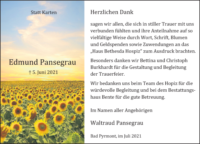  Traueranzeige für Edmund Pansegrau vom 10.07.2021 aus Deister- und Weserzeitung