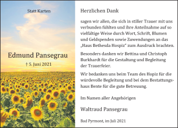 Traueranzeige von Edmund Pansegrau von Deister- und Weserzeitung