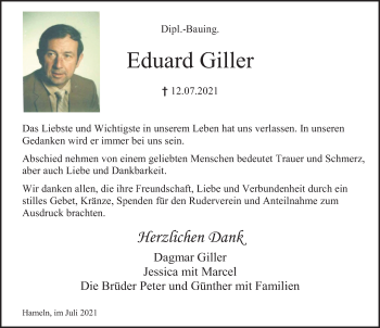 Traueranzeige von Eduard Giller von Deister- und Weserzeitung