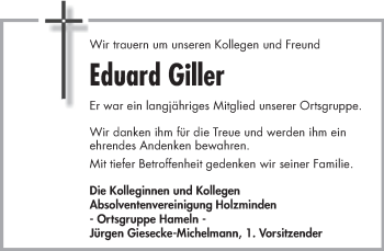 Traueranzeige von Eduard Giller von Deister- und Weserzeitung