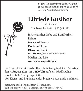 Traueranzeige von Elfriede Kusibor von Neue Deister-Zeitung