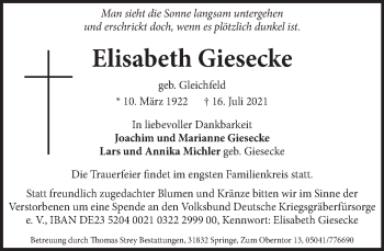 Traueranzeige von Elisabeth Giesecke von Neue Deister-Zeitung