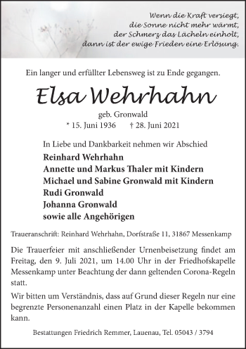 Traueranzeige von Elsa Wehrhahn von Neue Deister-Zeitung