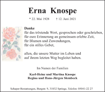 Traueranzeige von Erna Knospe von Neue Deister-Zeitung