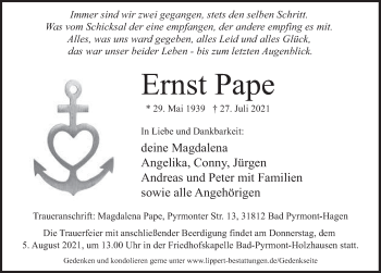 Traueranzeige von Ernst Pape von Deister- und Weserzeitung
