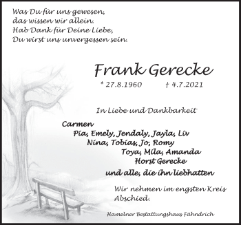 Traueranzeige von Frank Gerecke von Deister- und Weserzeitung