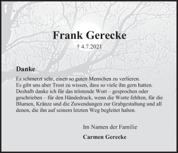 Traueranzeige von Frank Gerecke von Deister- und Weserzeitung