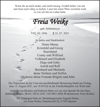 Traueranzeige von Freia Weike von Deister- und Weserzeitung