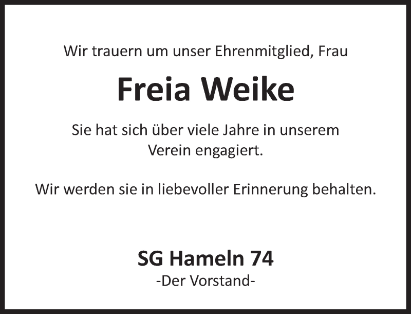  Traueranzeige für Freia Weike vom 31.07.2021 aus Deister- und Weserzeitung