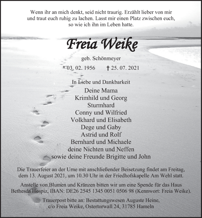  Traueranzeige für Freia Weike vom 31.07.2021 aus Deister- und Weserzeitung