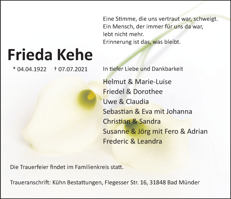  Traueranzeige für Frieda Kehe vom 10.07.2021 aus Deister- und Weserzeitung